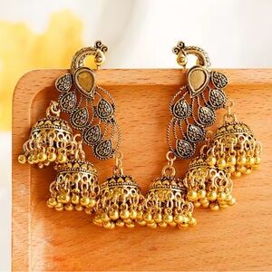 Elegant Gold Tone and Black Peacock Earrings